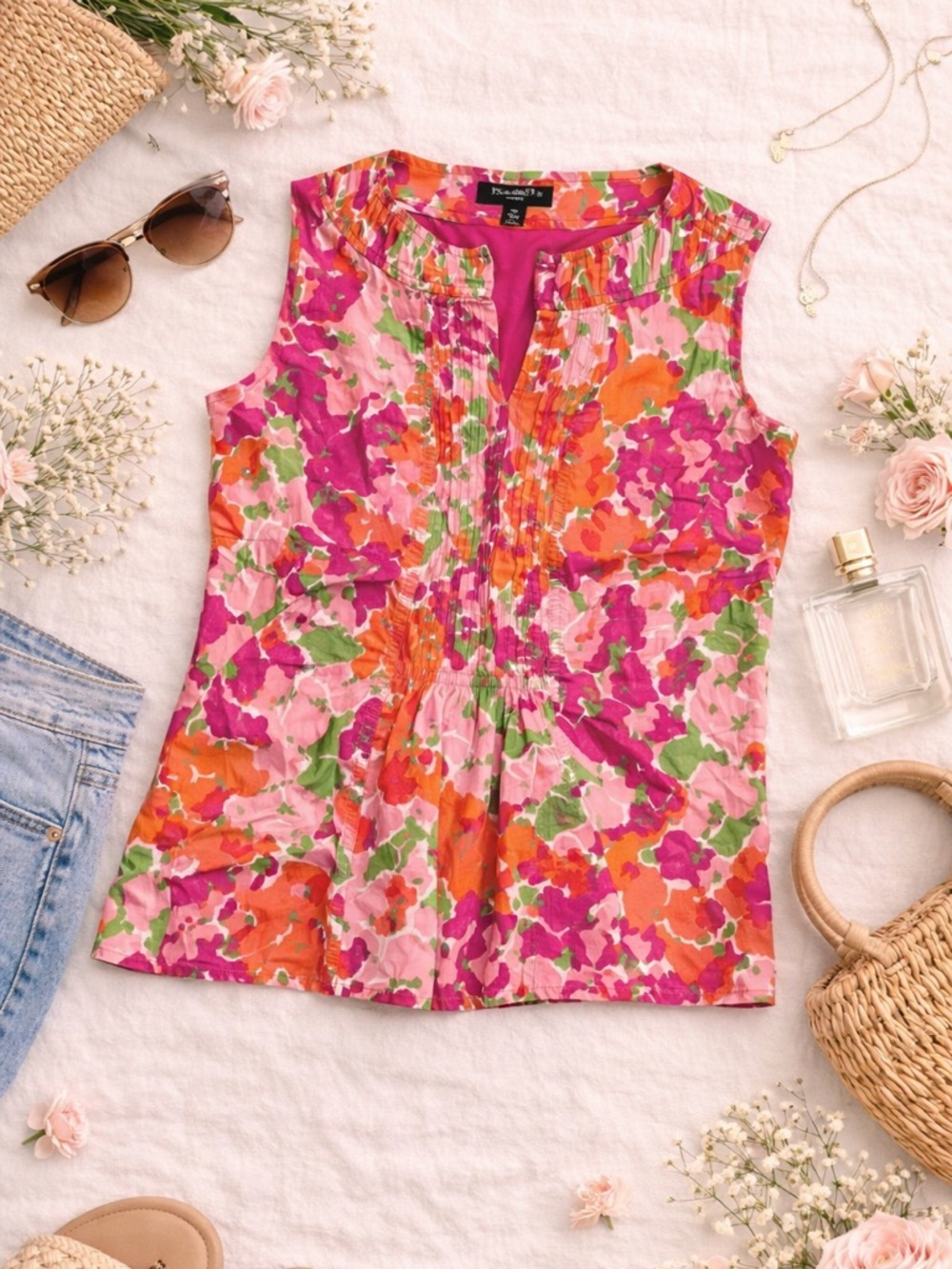 Talbots Petites Bright Floral Sleeveless Blouse | Pink Orange Summer Top